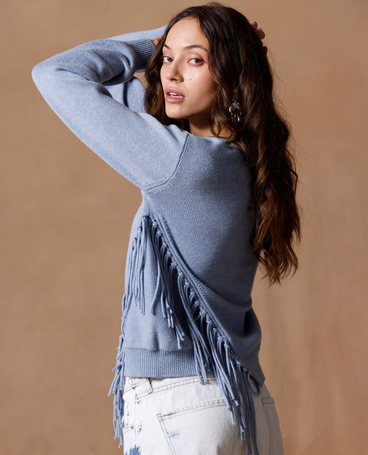 minnie rose fringe trim crew blue haze