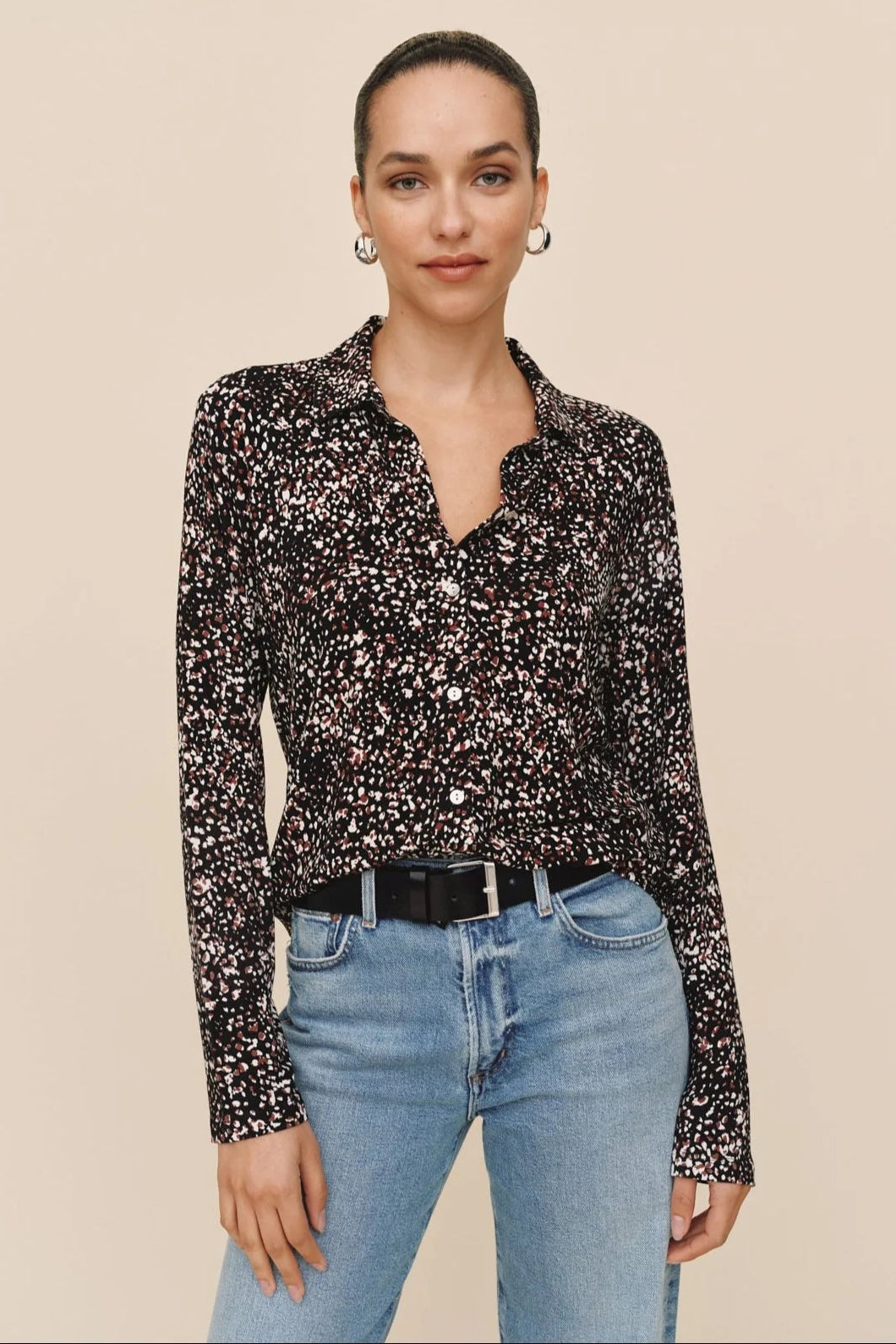 bella dahl button up knit top painted animal print