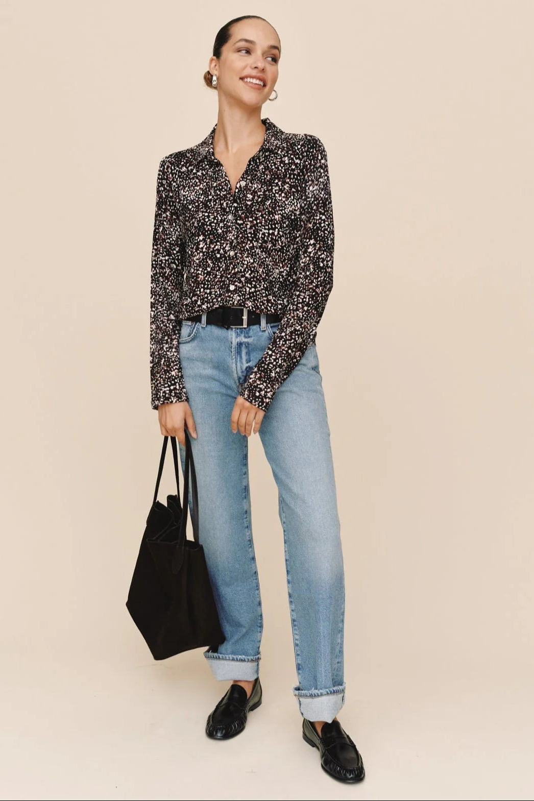 bella dahl button up knit top painted animal print