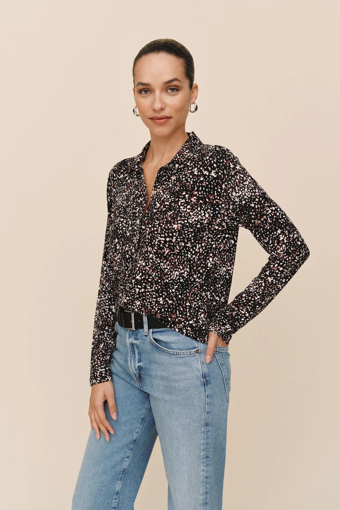 bella dahl button up knit top painted animal print