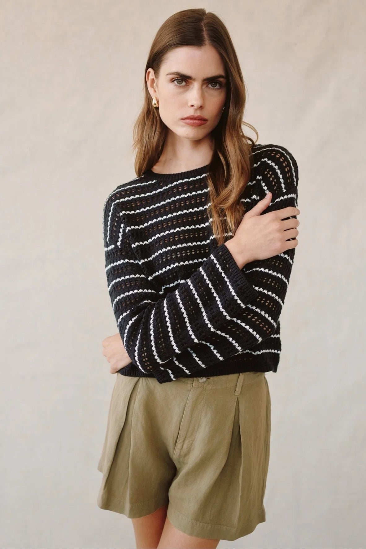 bella dahl crew neck sweater black ivory stripe