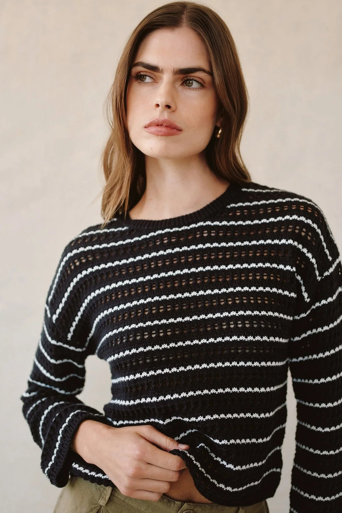 bella dahl crew neck sweater black ivory stripe