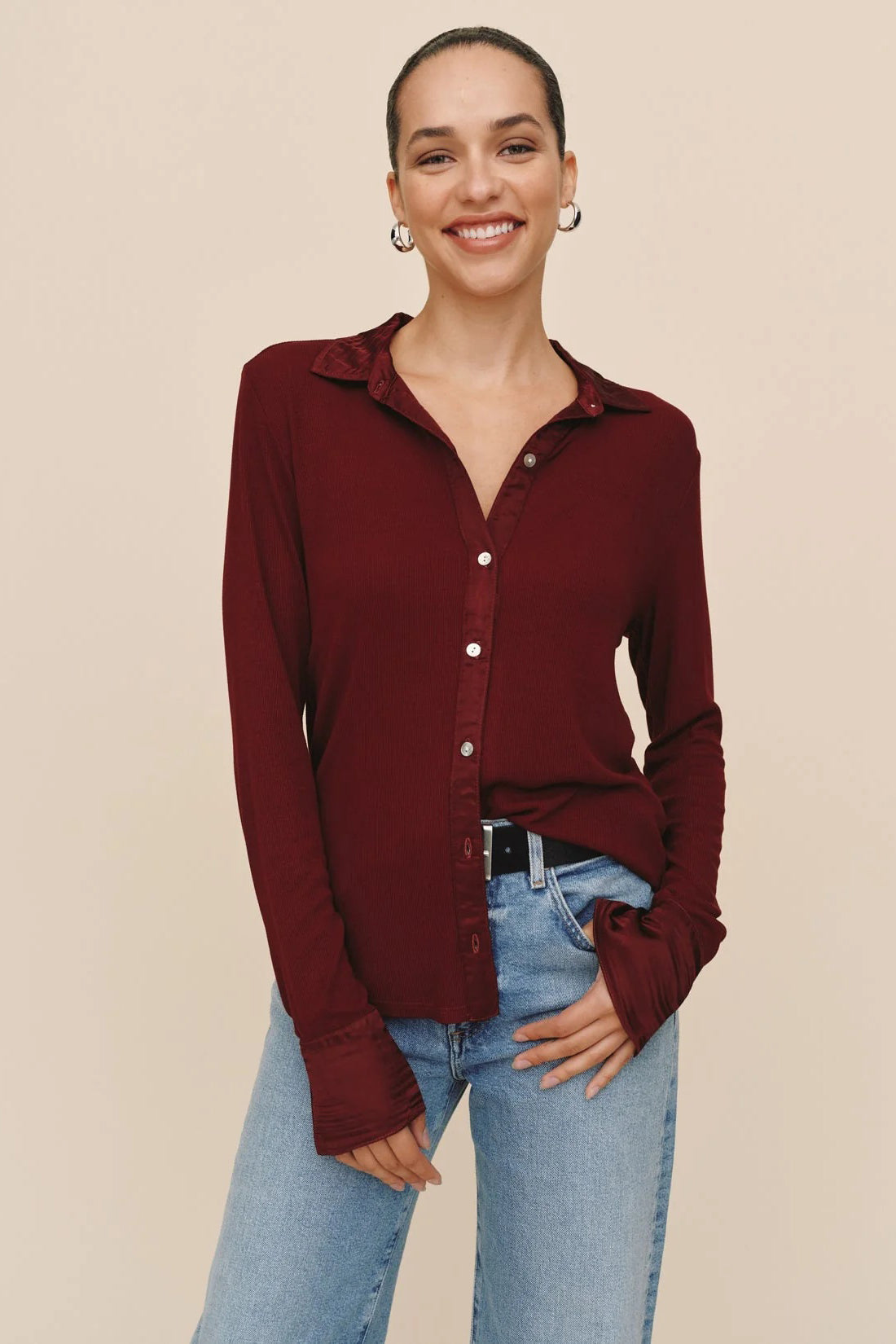 bella dahl mixed button down cabernet red