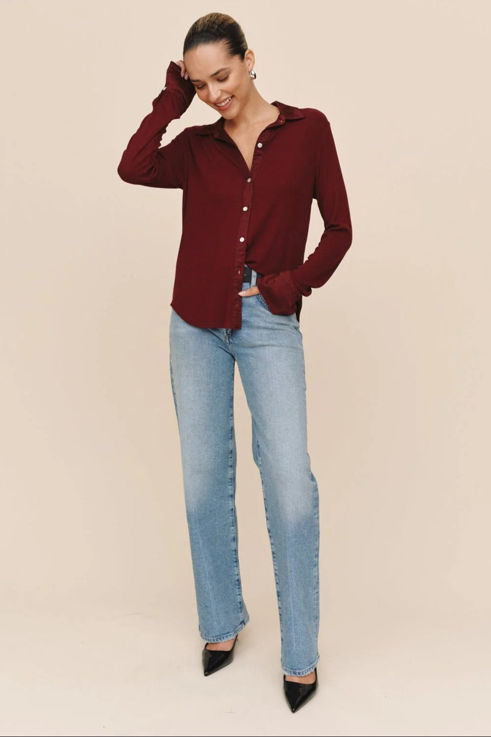 bella dahl mixed button down cabernet red