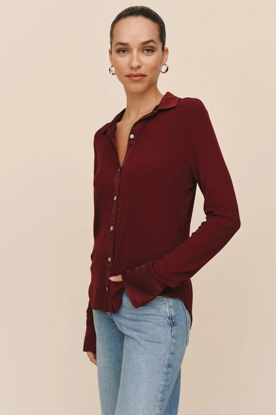 bella dahl mixed button down cabernet red