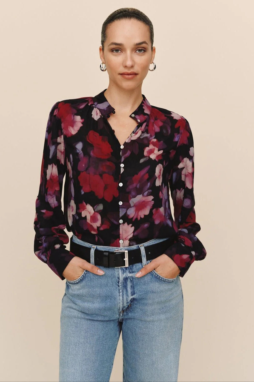 bella dahl shirred button up blouse berry bloom