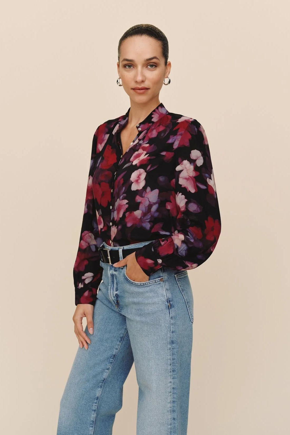 bella dahl shirred button up blouse berry bloom