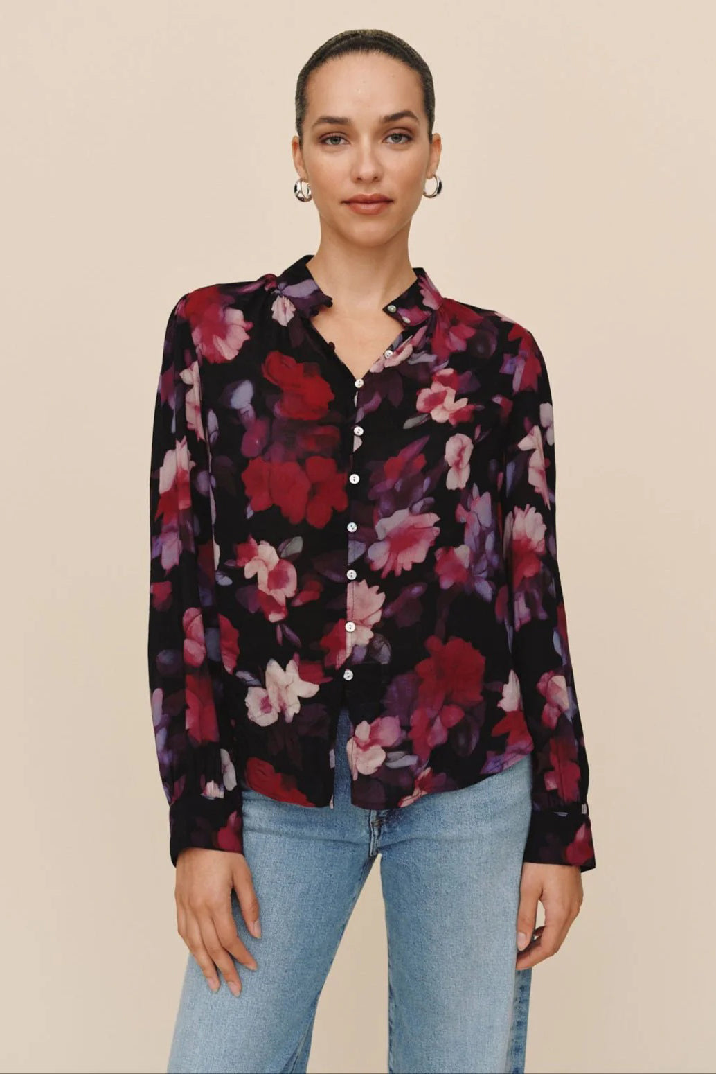 bella dahl shirred button up blouse berry bloom