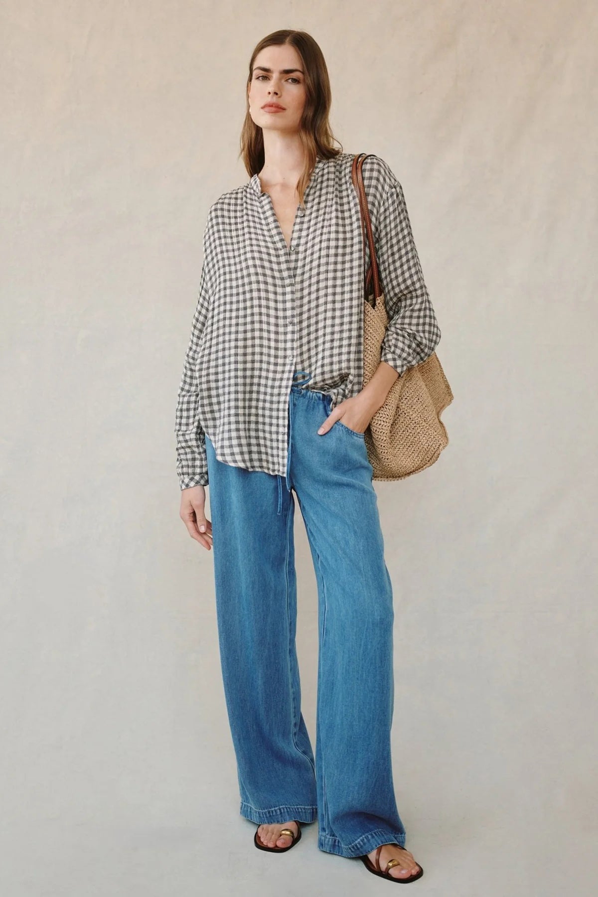 bella dahl shirred mandarin collar shirt ivory check plaid