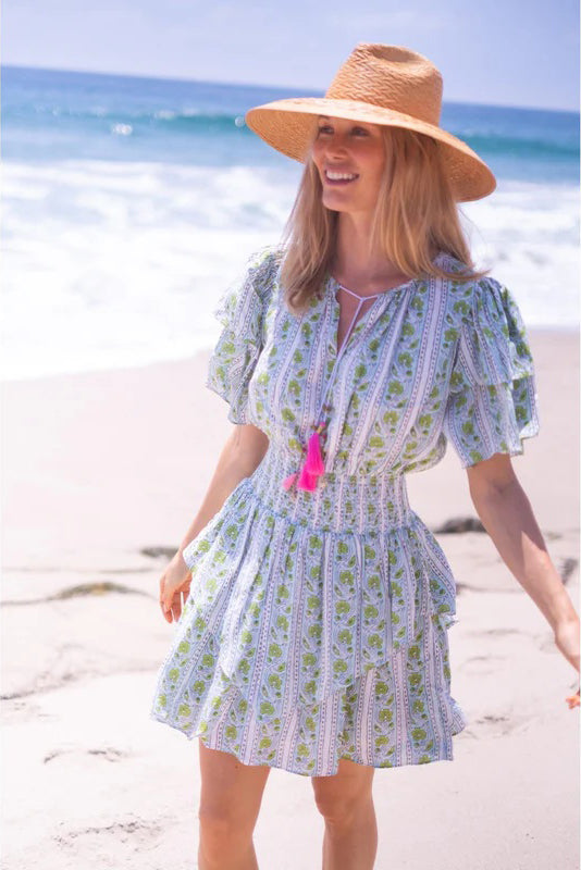 bell julie mini dress green turquoise border print