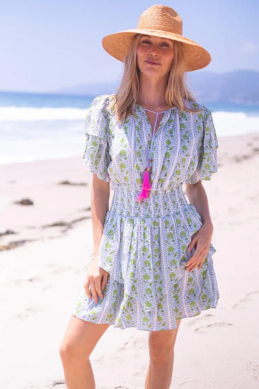 bell julie mini dress green turquoise border print