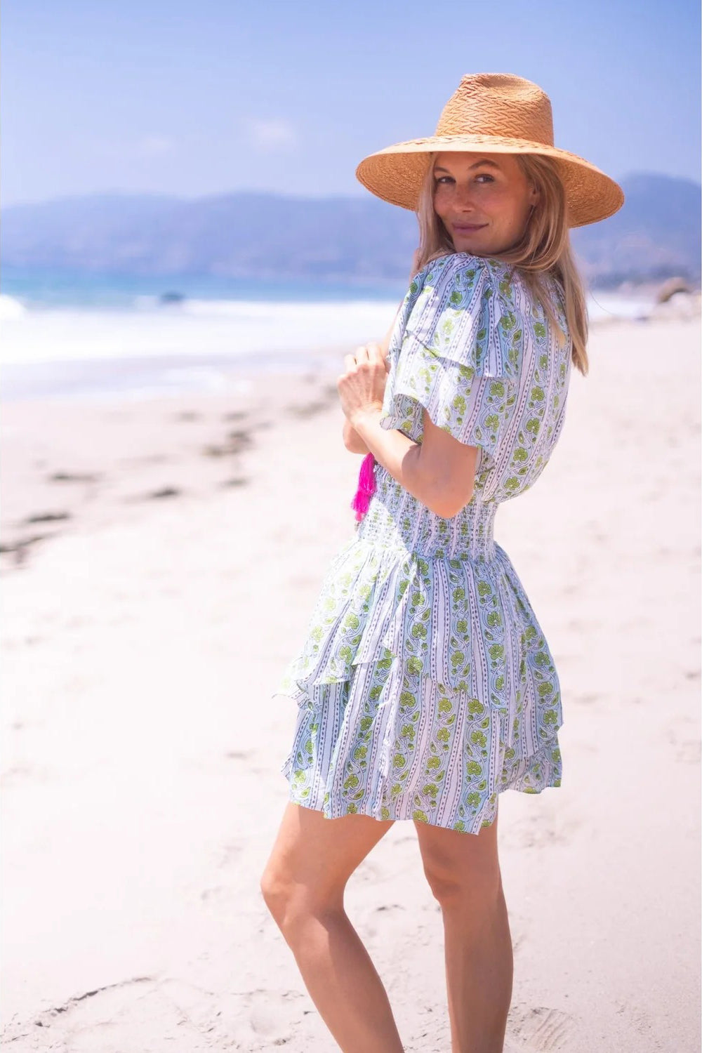 bell julie mini dress green turquoise border print