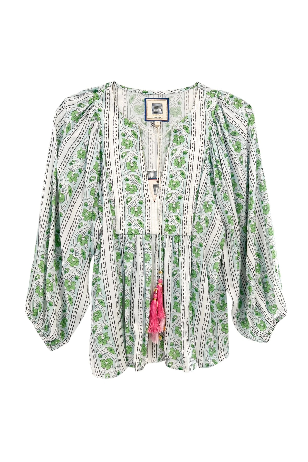 bell macey top green turquoise border stripe