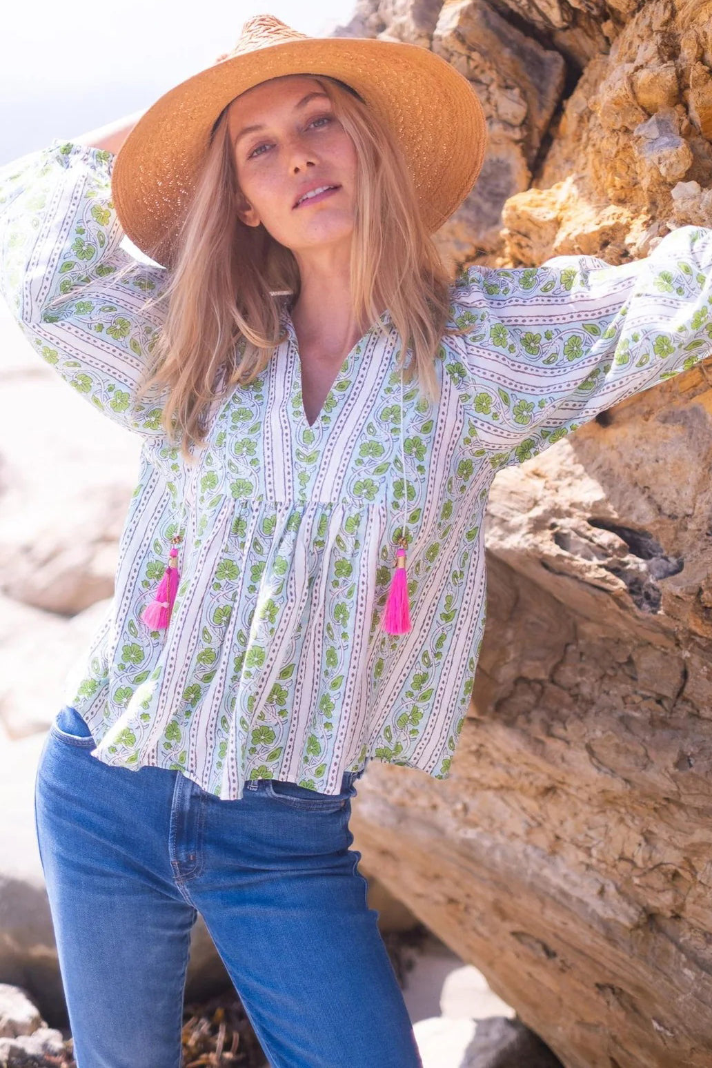 bell macey top green turquoise border stripe