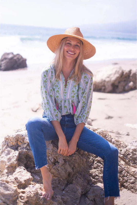 bell macey top green turquoise border stripe