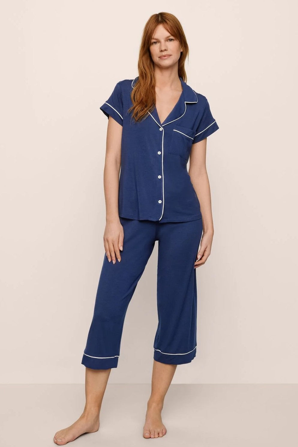 eberjey gisele short sleeve cropped pj set navy ivory