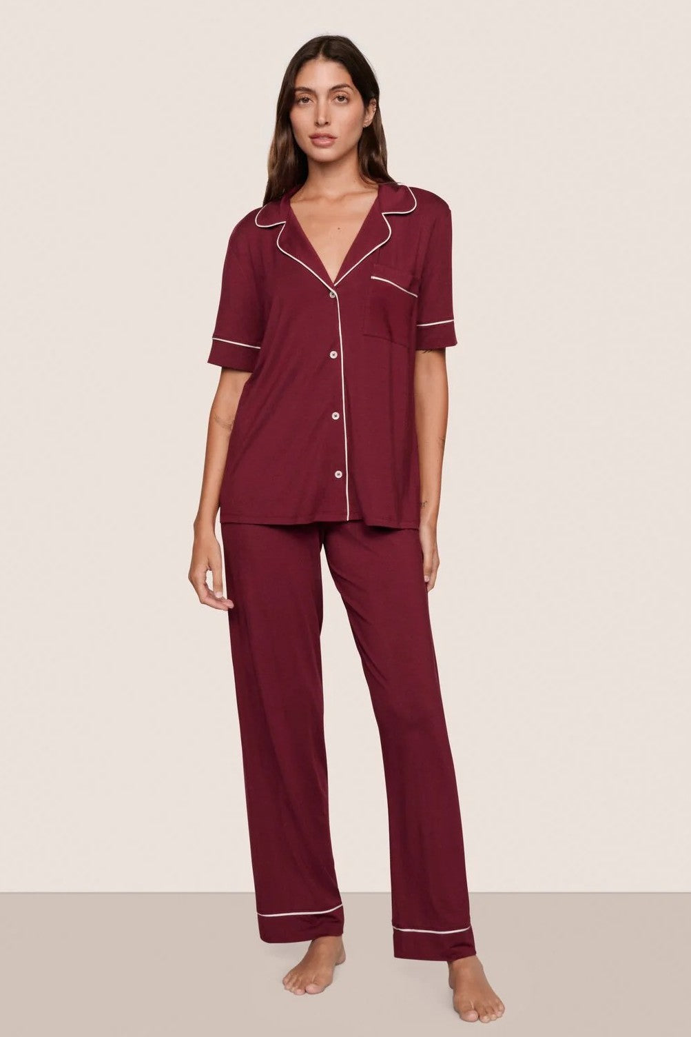 eberjey gisele short sleeve long pj set bordeaux ivory