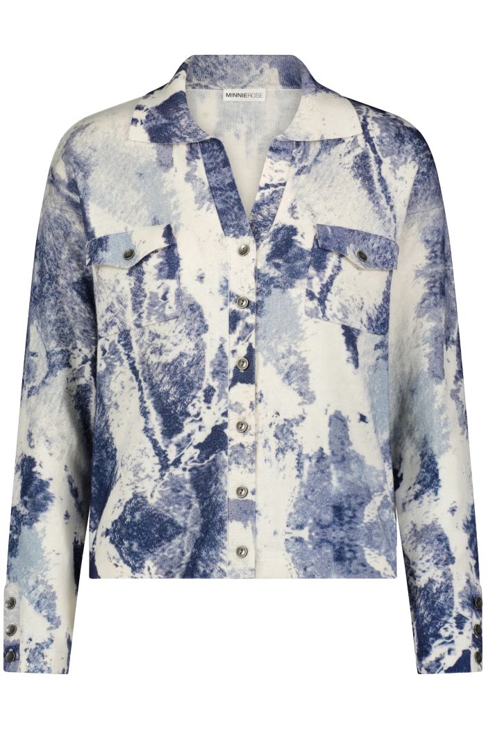 minnie rose cotton/cashmere printed camp shirt harbour blue 