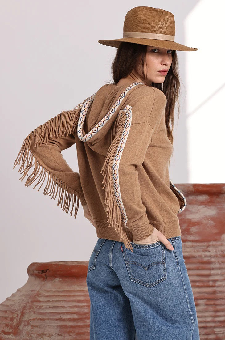minnie rose embroidered fringe hoodie camel