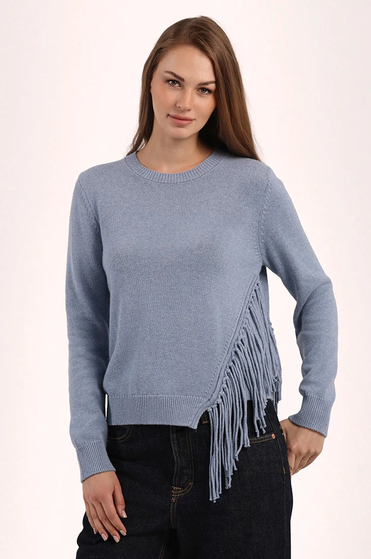 minnie rose fringe trim crew blue haze