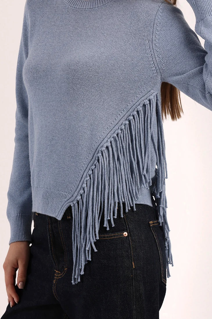 minnie rose fringe trim crew blue haze
