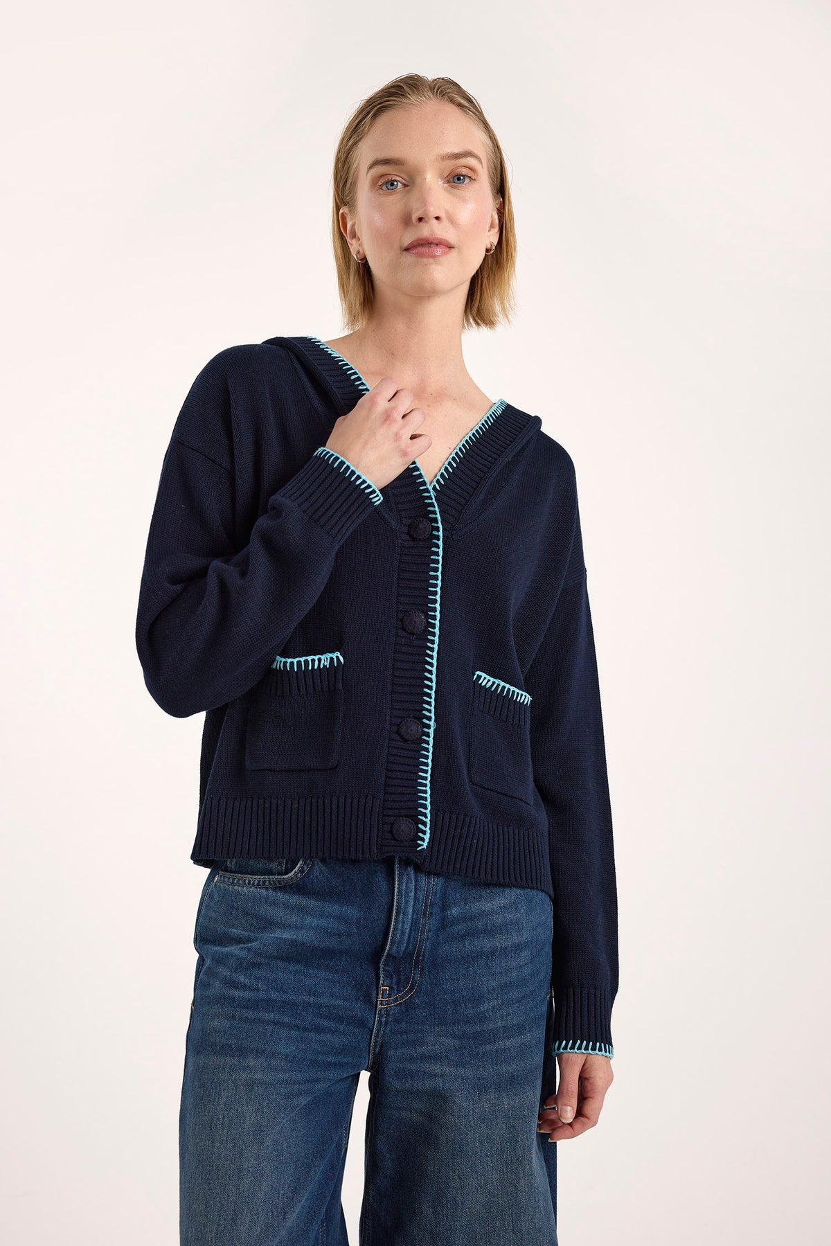 wispr by brodie halsey hooded cardi navy aqua