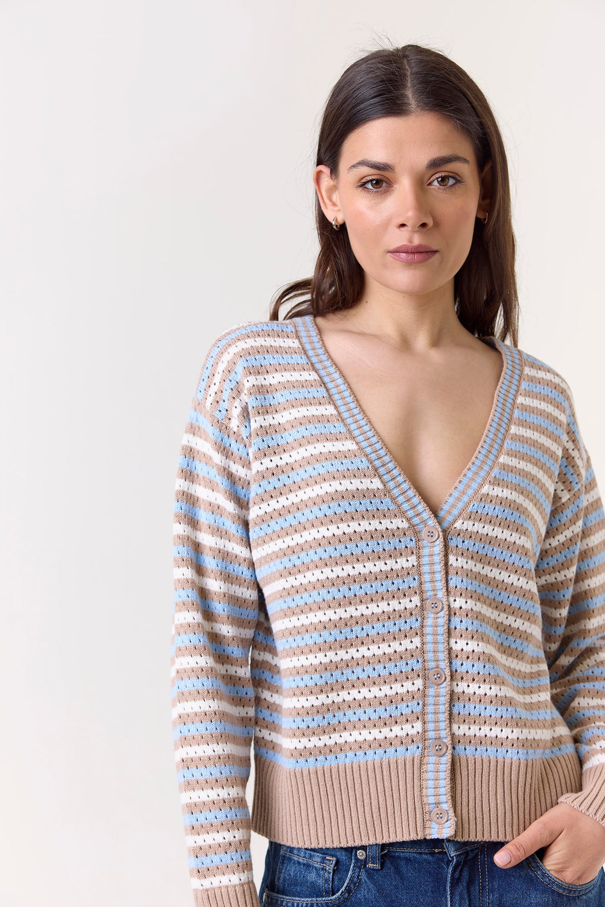 wispr by brodie pamilla stripe cardi light brown