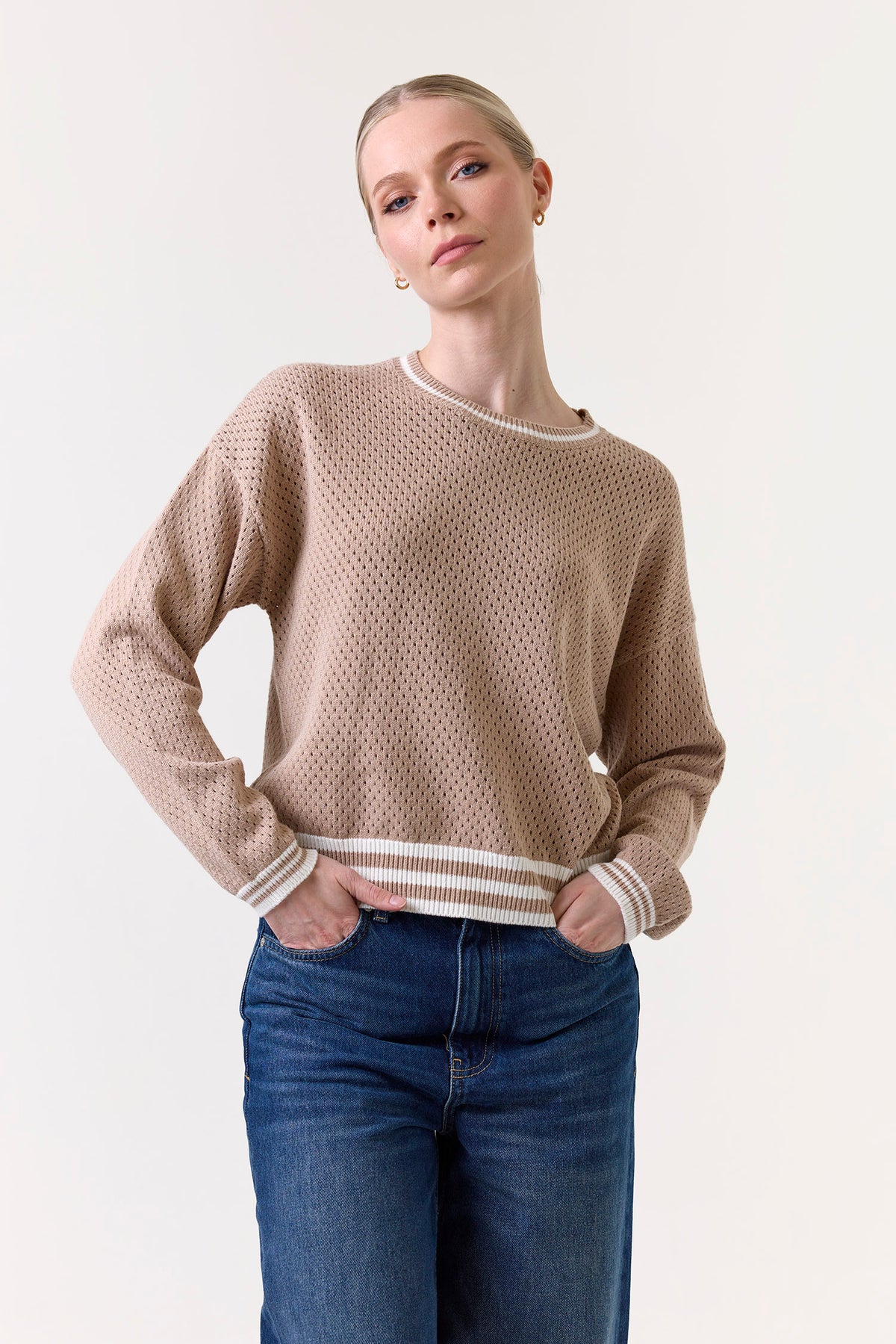 wispr by brodie vanessa stripe detail crew light brown ivory