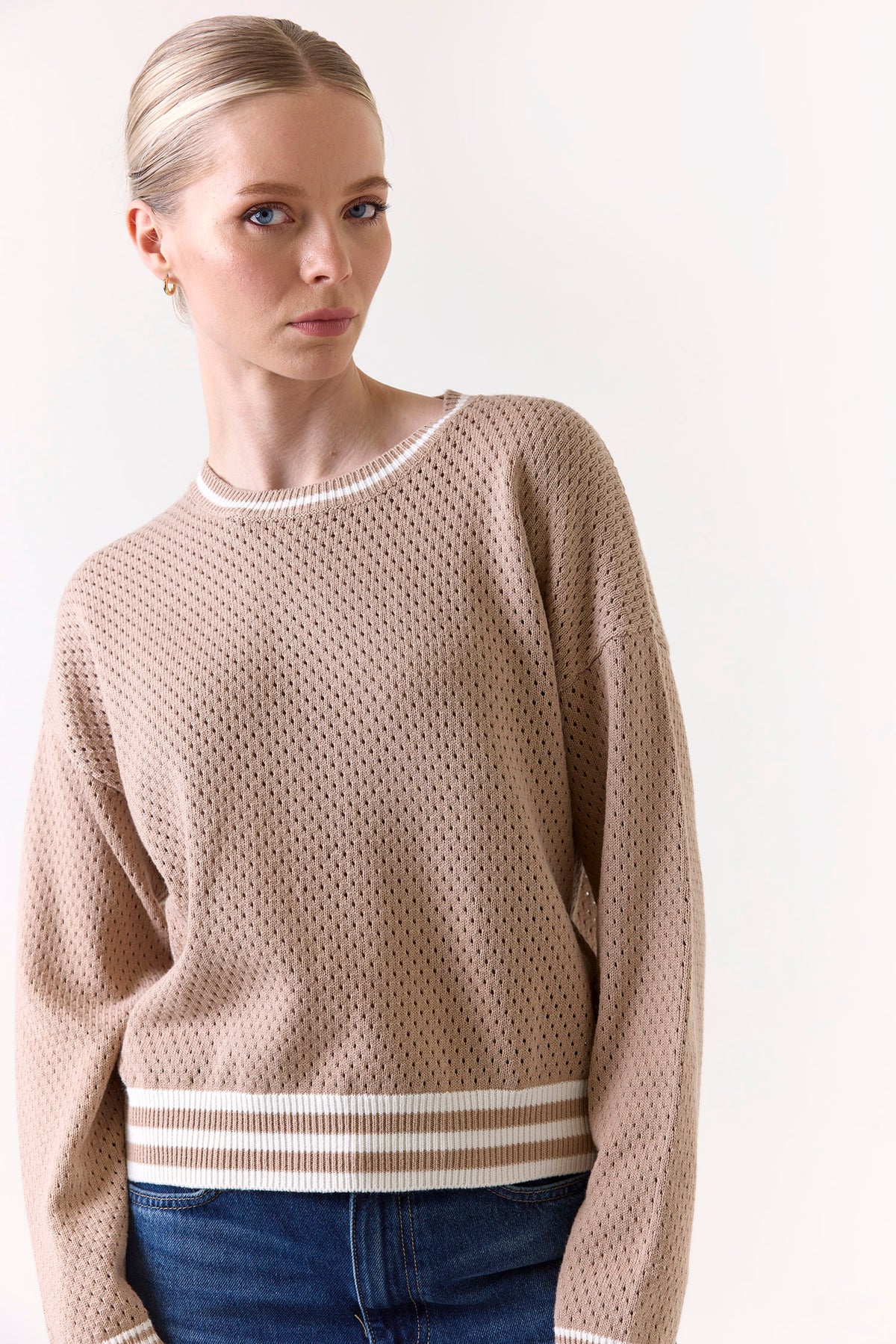 wispr by brodie vanessa stripe detail crew light brown ivory