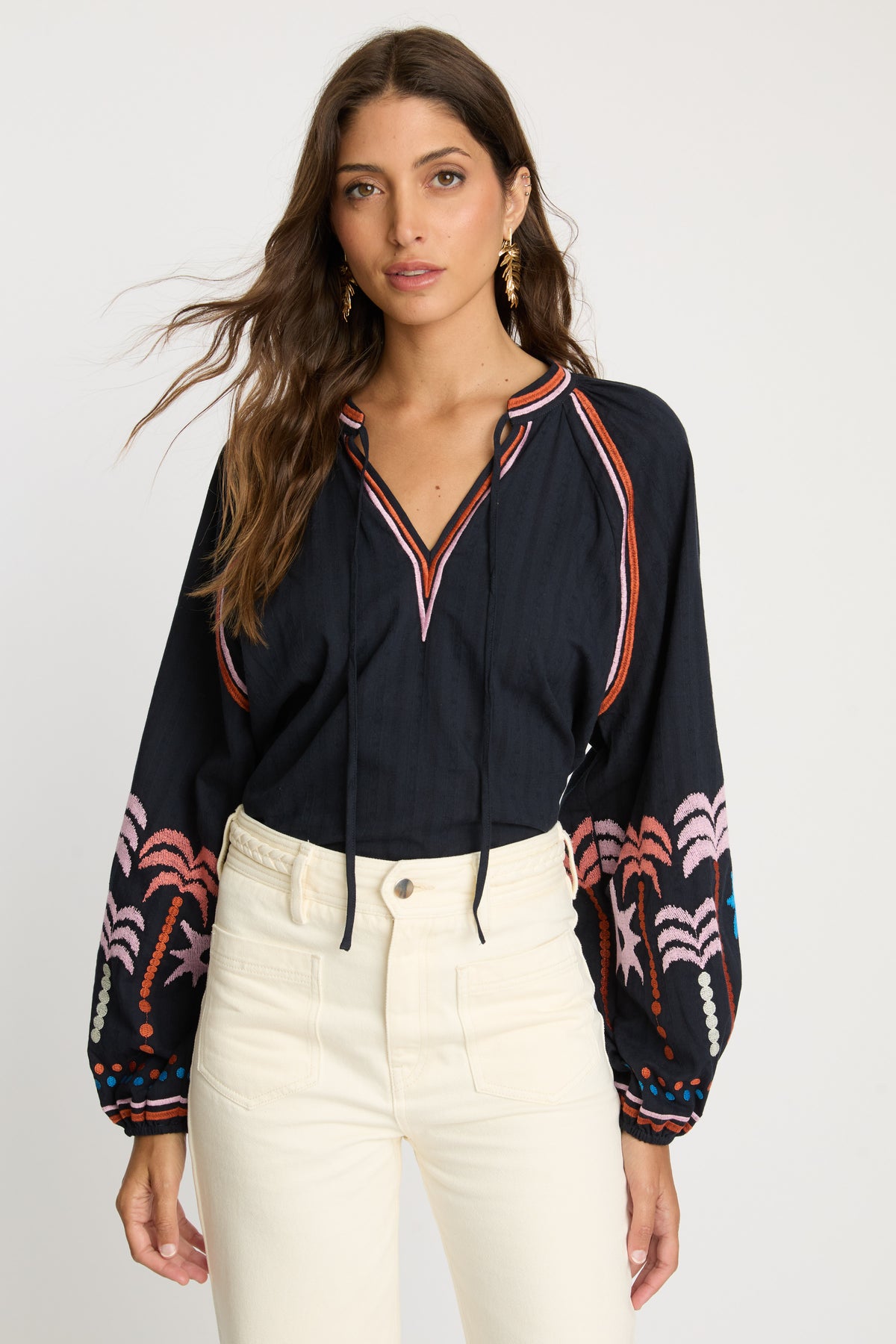 caballero phoebe top peacoat navy palm embroidery