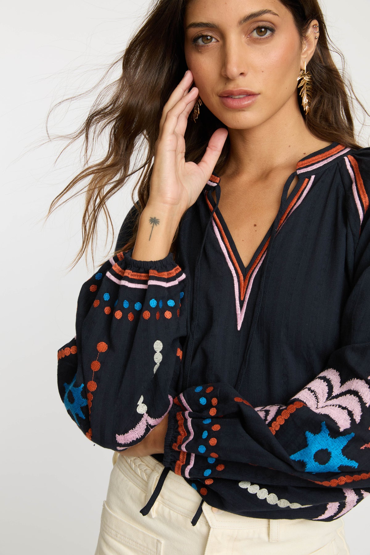 caballero phoebe top peacoat navy palm embroidery