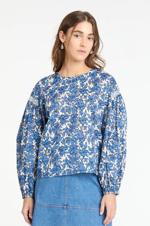 tanya taylor alice top maritime blue/off white multi 