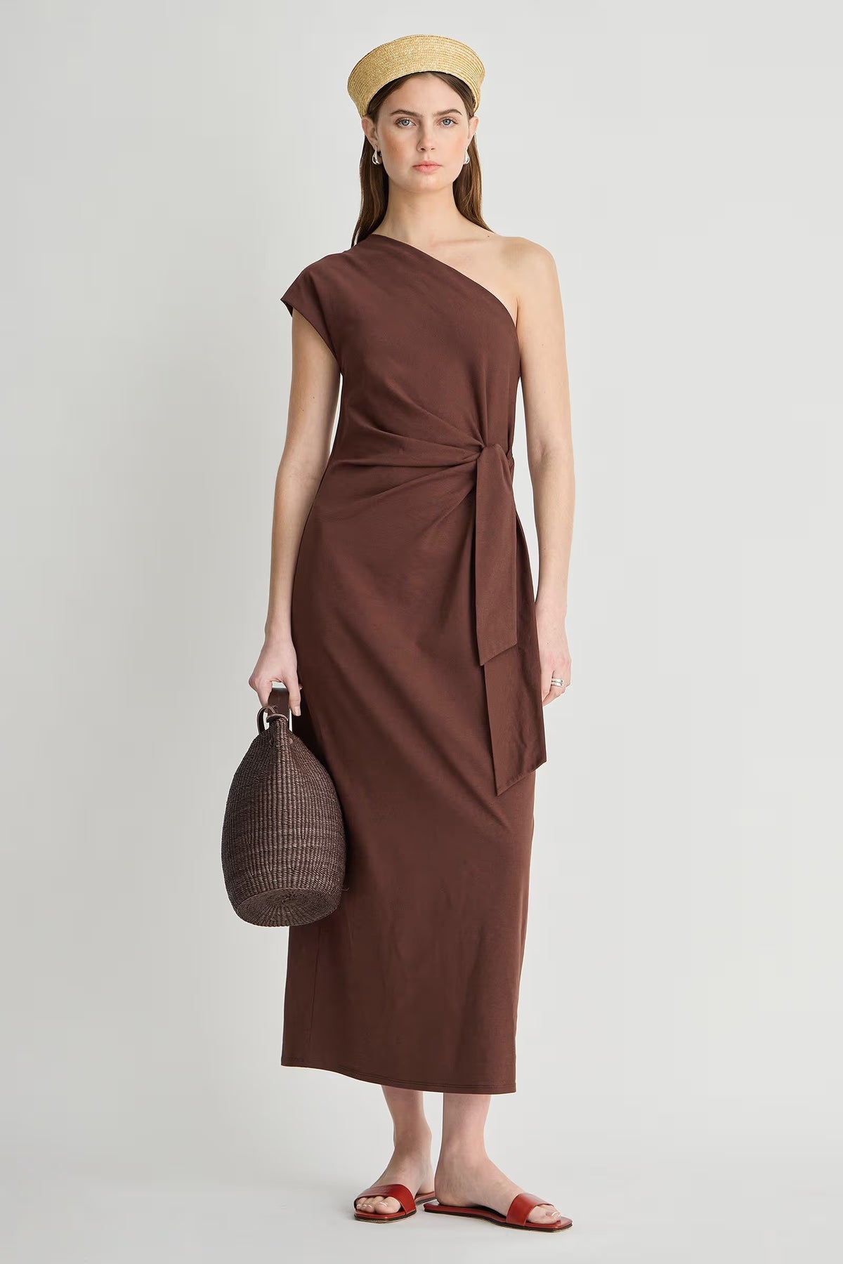 apiece apart georgie one shoulder dress chocolate