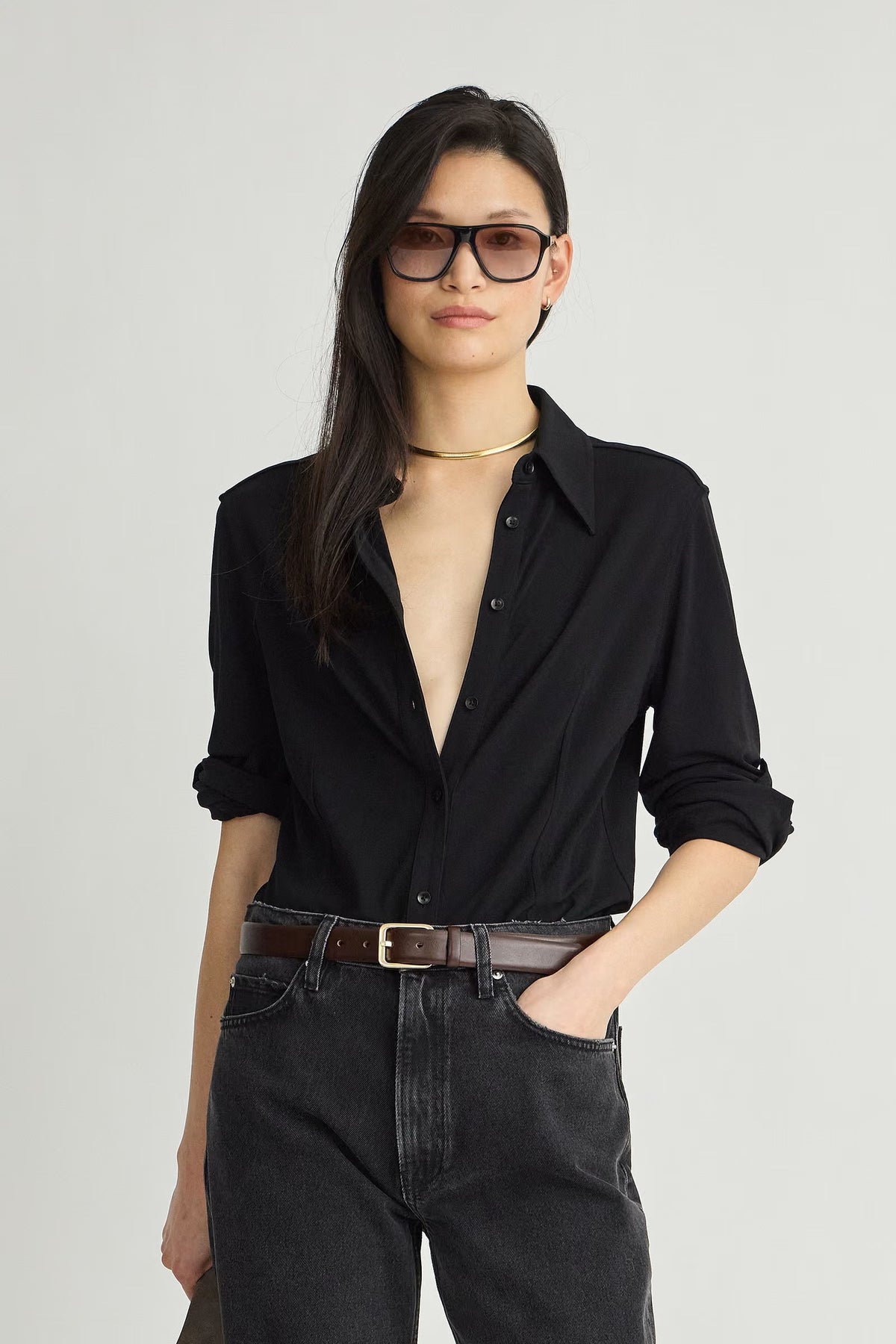 apiece apart merce slinky button up black