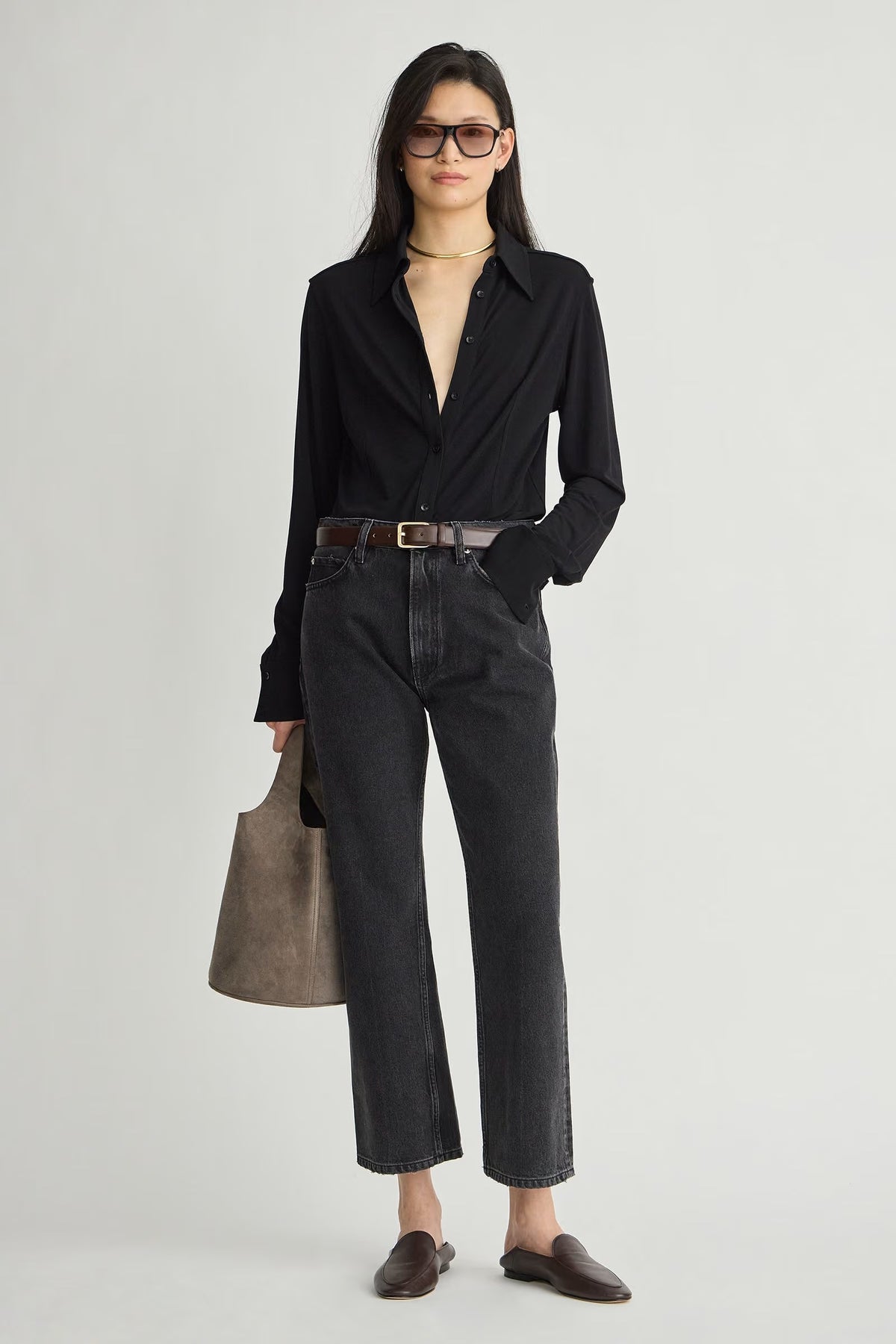 apiece apart merce slinky button up black
