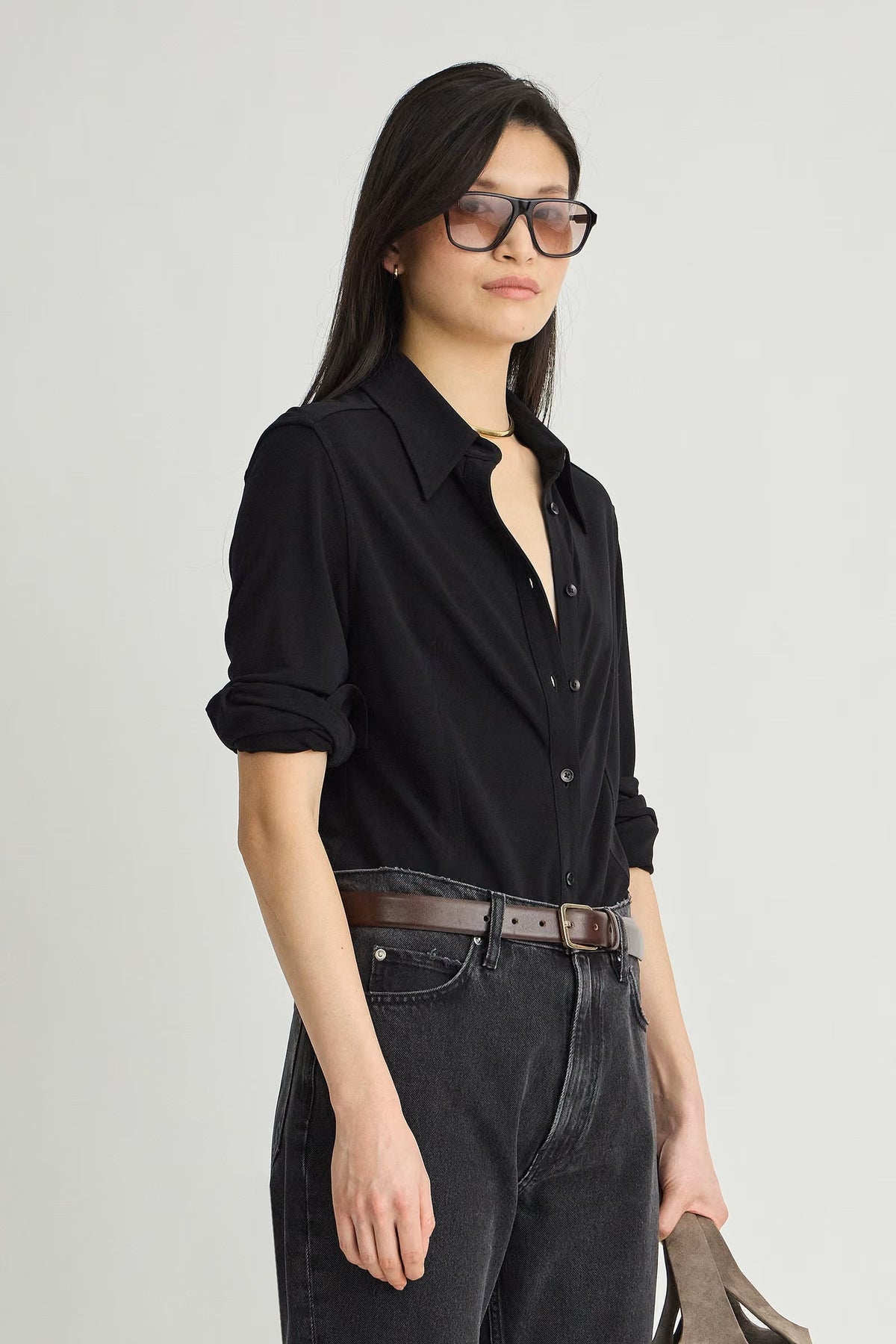 apiece apart merce slinky button up black