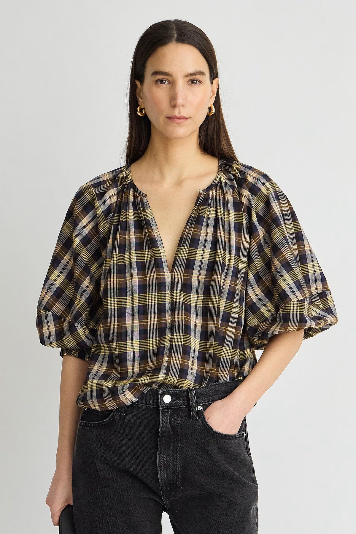 apiece apart nele top basket weave plaid