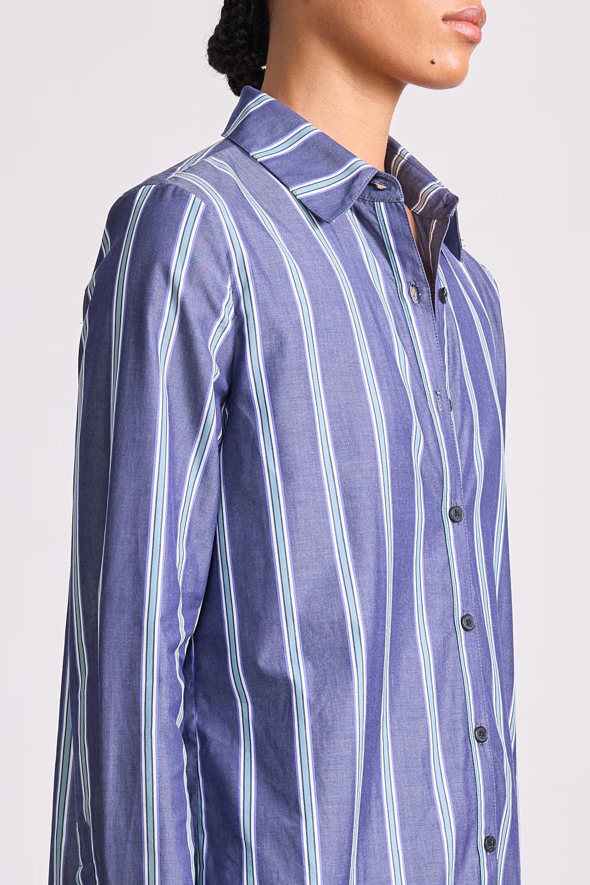 apiece apart sodi wrap button up indigo stripe