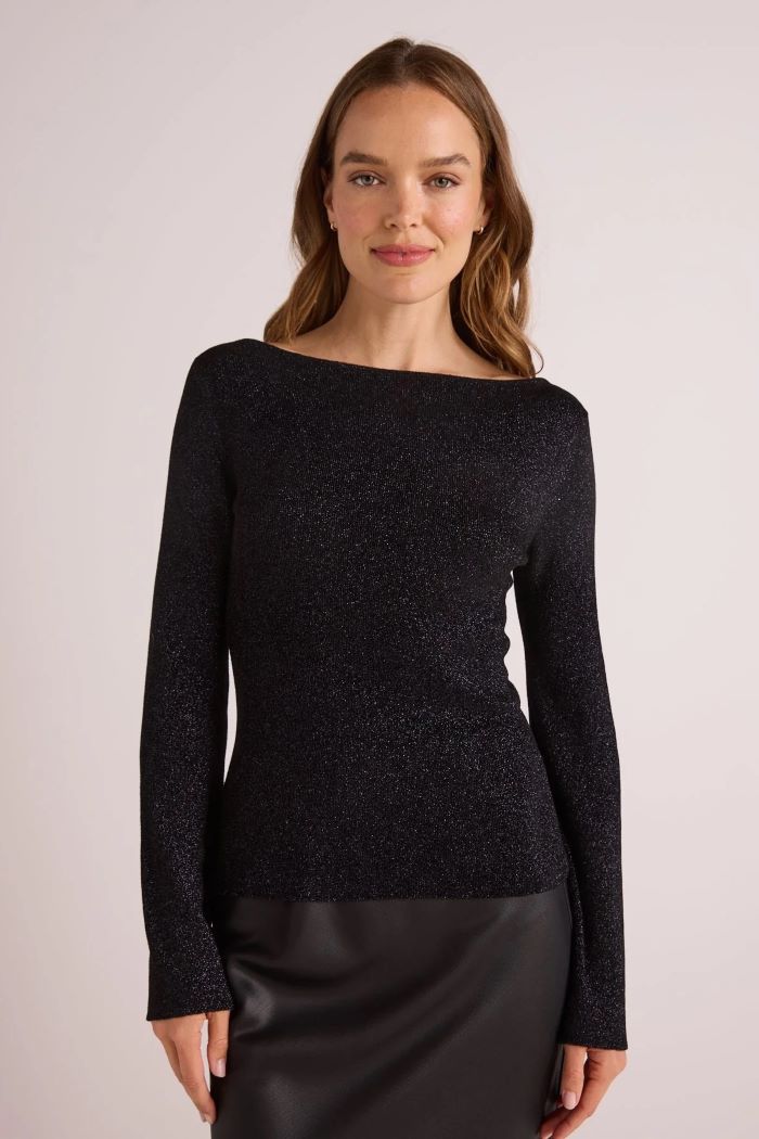 bella dahl boatneck long sleeve sweater black with metallic 