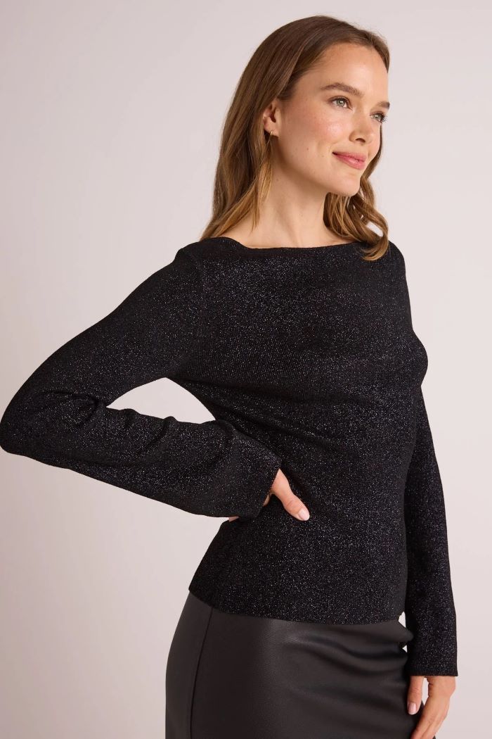 bella dahl boatneck long sleeve sweater black with metallic 