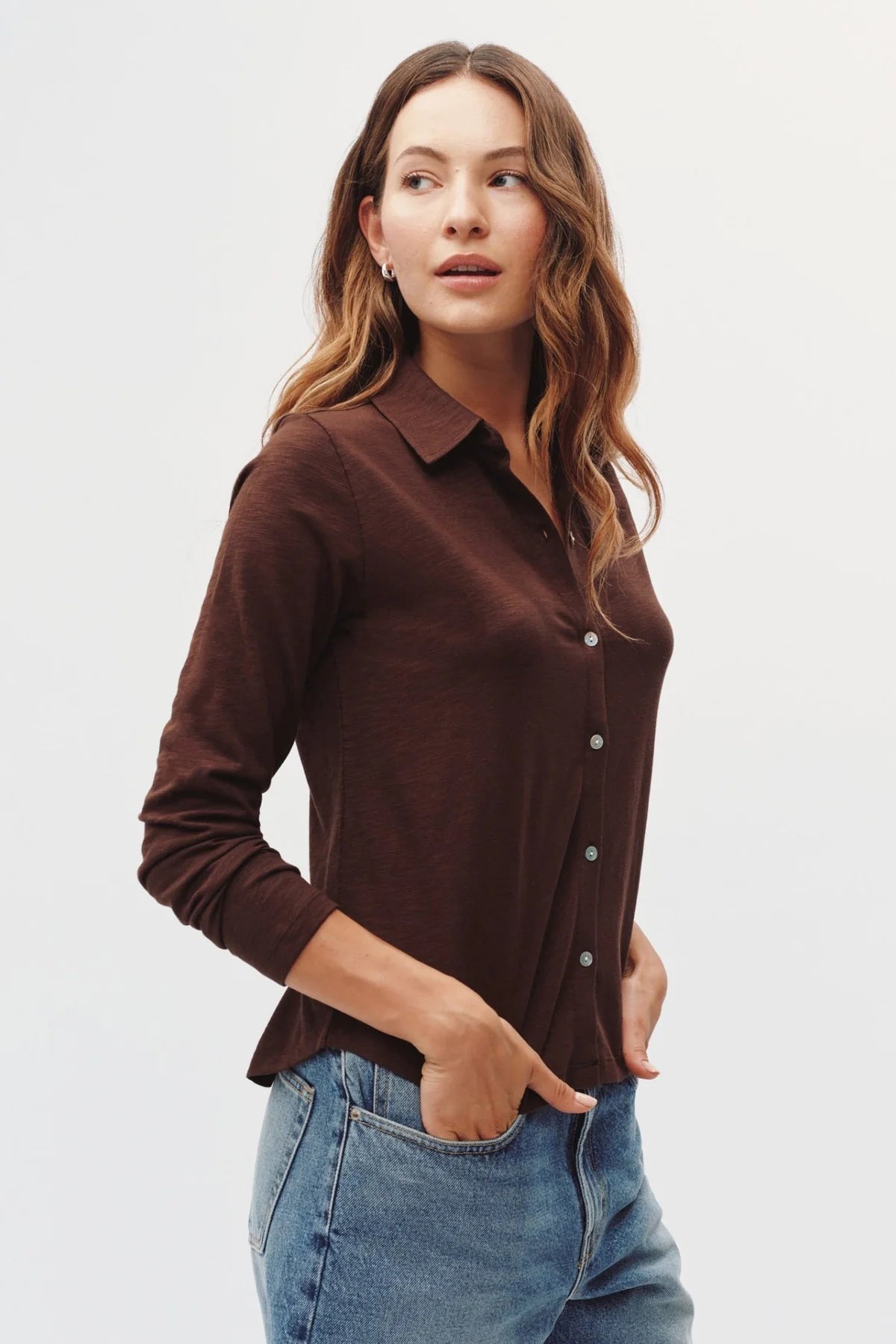 bella dahl button up knit dark chestnut