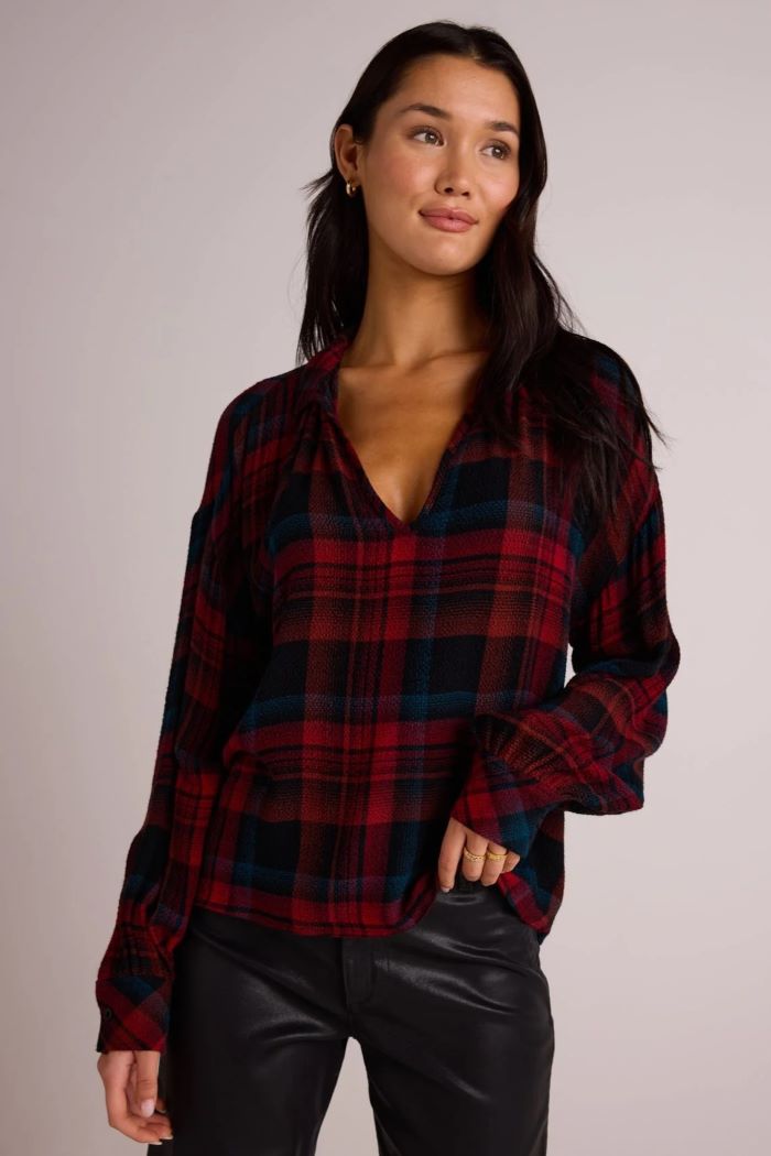 bella dahl drop shoulder pullover winter berry plaid 