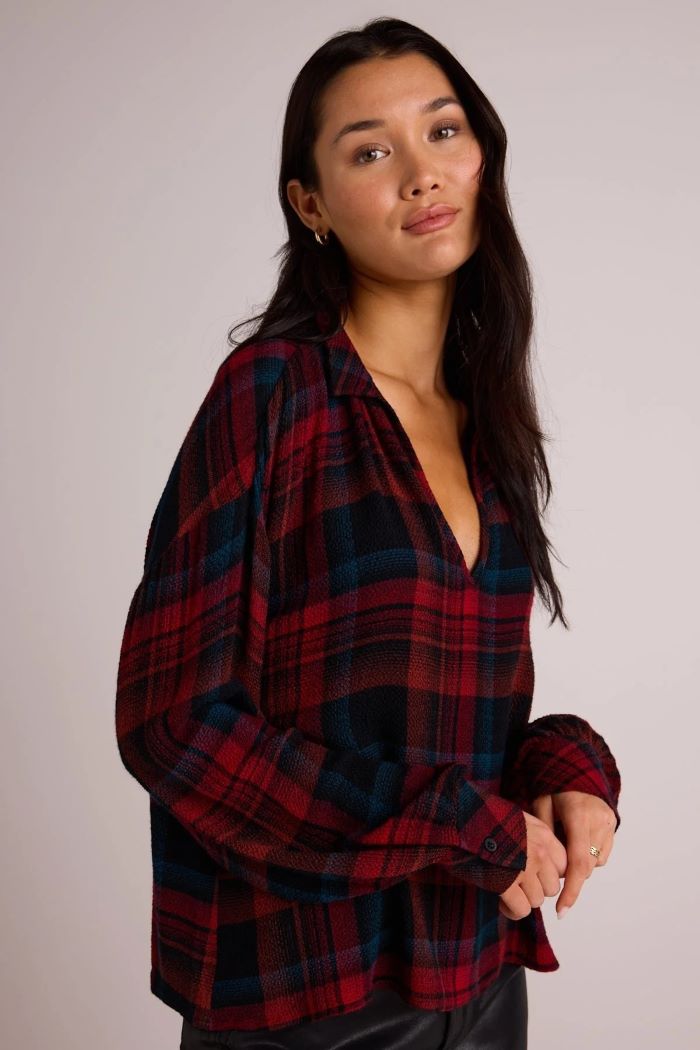 bella dahl drop shoulder pullover winter berry plaid 