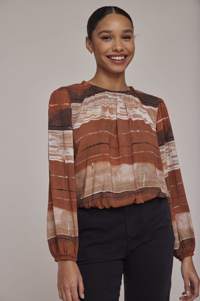 bella dahl elastic shirred blouse rust stripes
