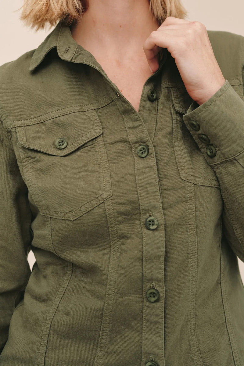 bella dahl fitted trucker shirt olive