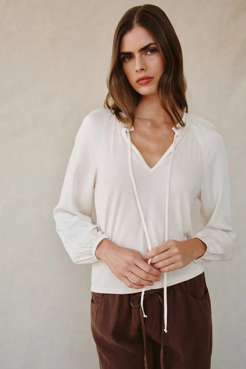 bella dahl long sleeve raglan mixed shirt ivory stone