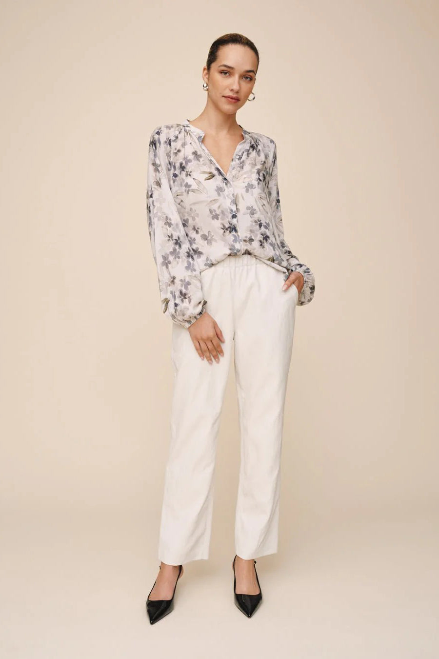 bella dahl long sleeve shirred raglan frozen wisteria