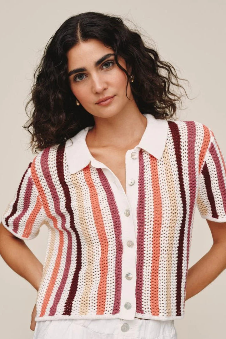 bella dahl short sleeve open knit button down beach side stripe