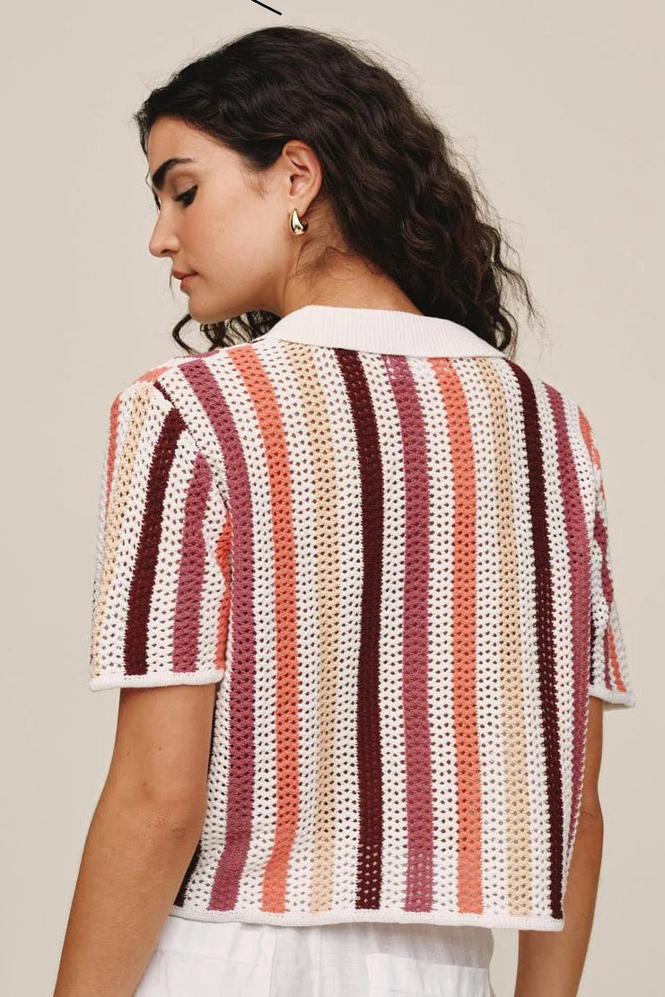 bella dahl short sleeve open knit button down beach side stripe