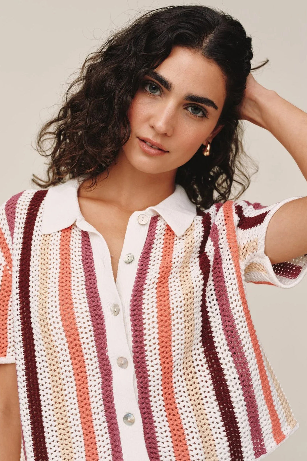 bella dahl short sleeve open knit button down beach side stripe